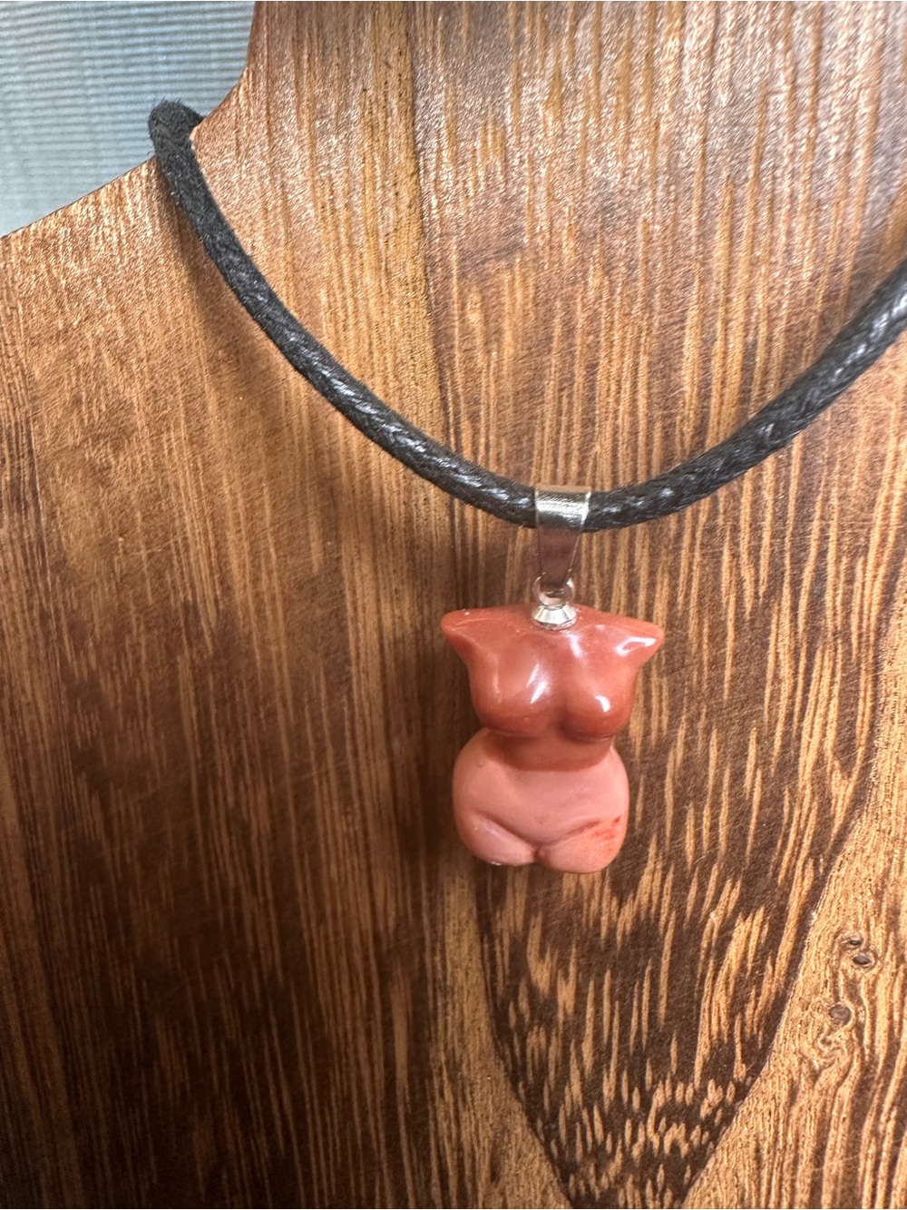 Handmade Mini Pink Alashan Agate Lady Body Carving Pendant Necklace on Rope - Picture 6 of 12